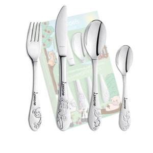 Children’s cutlery with name engraving / motif FARM FRIENDS / 4 pieces (all 4 with name engraved) / made of stainless steel