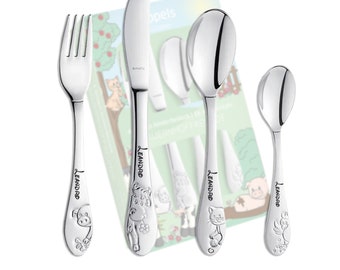 Children’s cutlery with name engraving / motif FARM FRIENDS / 4 pieces (all 4 with name engraved) / made of stainless steel