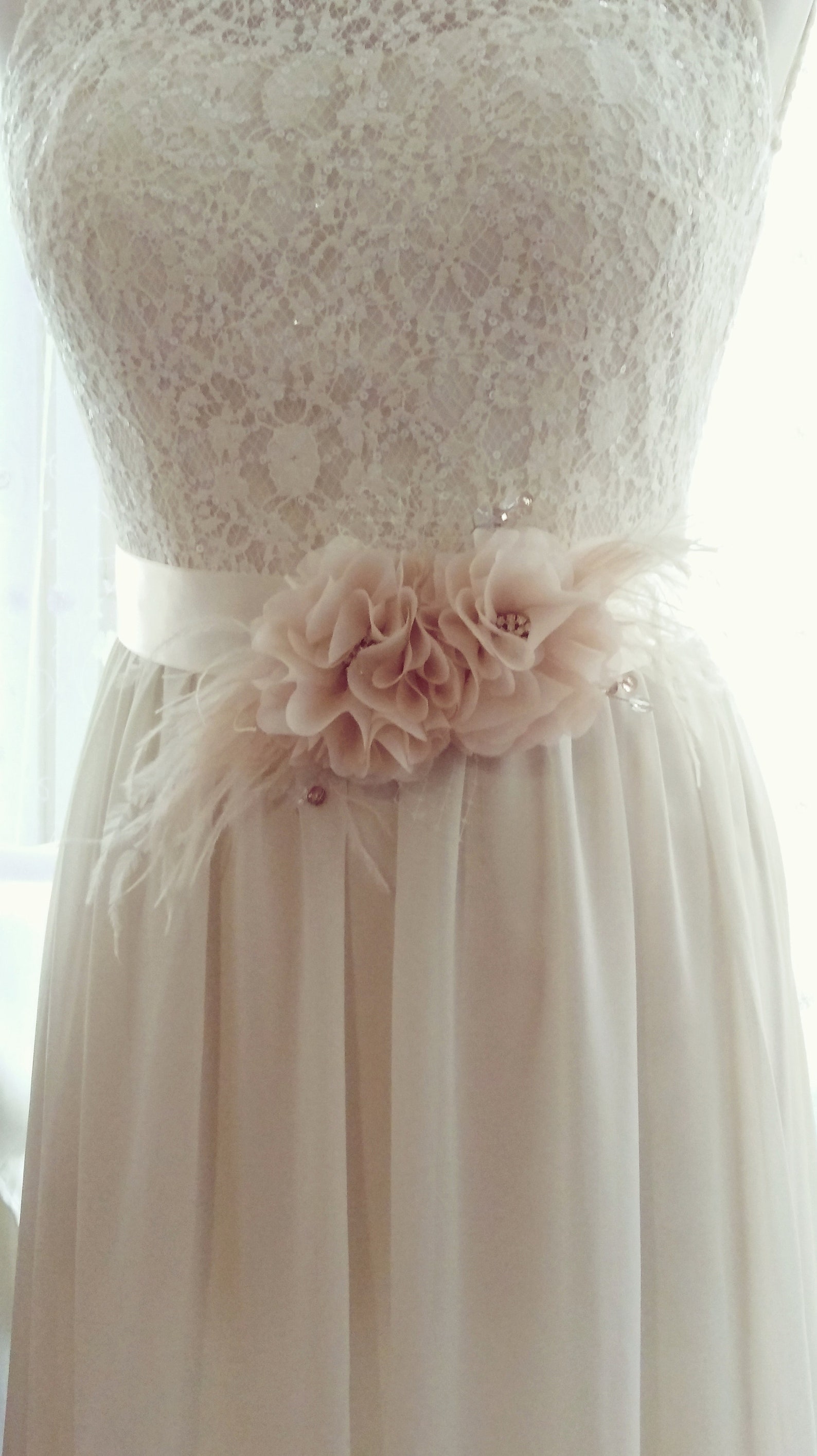 Bridal Flower Sash With Feathers, Tan Wedding Dress Belt With Silk ...