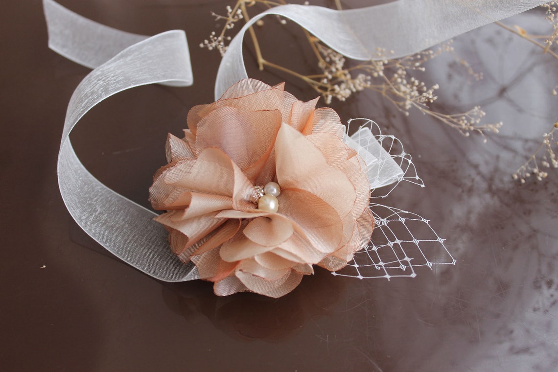 Bridal Flower Sash With Feathers, Tan Wedding Dress Belt With Silk ...