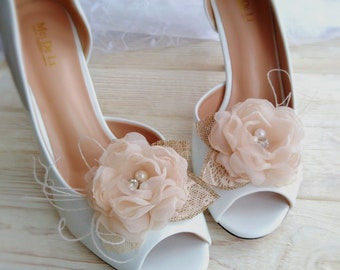 Rustic wedding flower shoe clips champagne, Bridal feather flower shoe brooshes, Country chic wedding shoe pins