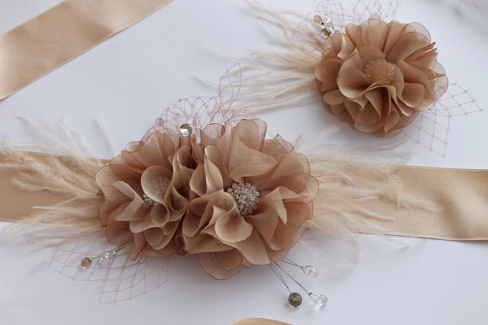 Bridal Flower Sash With Feathers, Tan Wedding Dress Belt With Silk ...