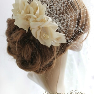 Bridal flower fascinator with birdcage veil, Wedding orchids headpiece, Elegant satin flower hairpiece vine, Blasher veil with flowers
