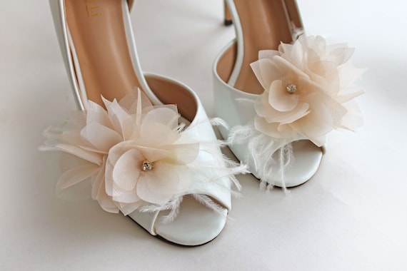 Wedding Shoe Clips Champagne, Pair Ivory Flower Shoe Clips Bridal, Silk  Organza Flower Shoe Pins, Feather Shoe Clips 