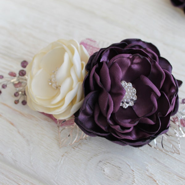 Casque de mariage violet, pince à cheveux fascinateur de fleur de soie, morceau de cheveux de mariée Plun, accessoire de cheveux floral, ensemble d’accessoires de fleurs violettes