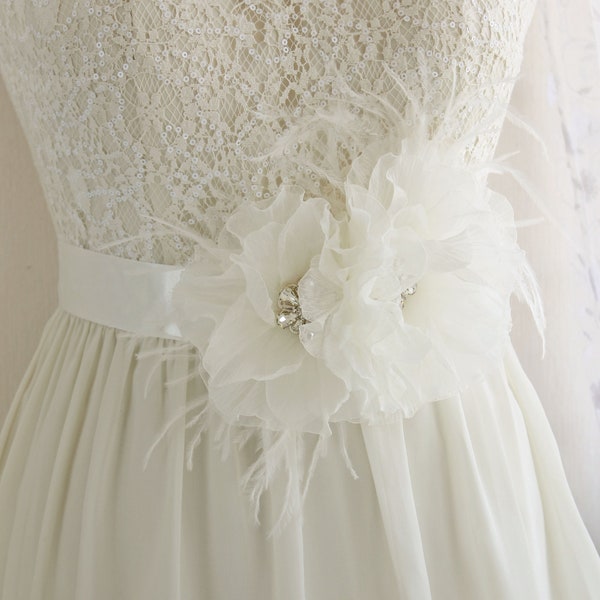 Bridal flower sash with feathers, Statement large flower belt for wedding dress, Big Ivory floral sash pin