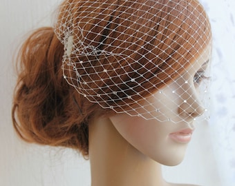 Bridal Bandeau birdcage veil with crystals, Wedding face veil, Small Wedding blusher veil rhinestones, Mini veil two combs