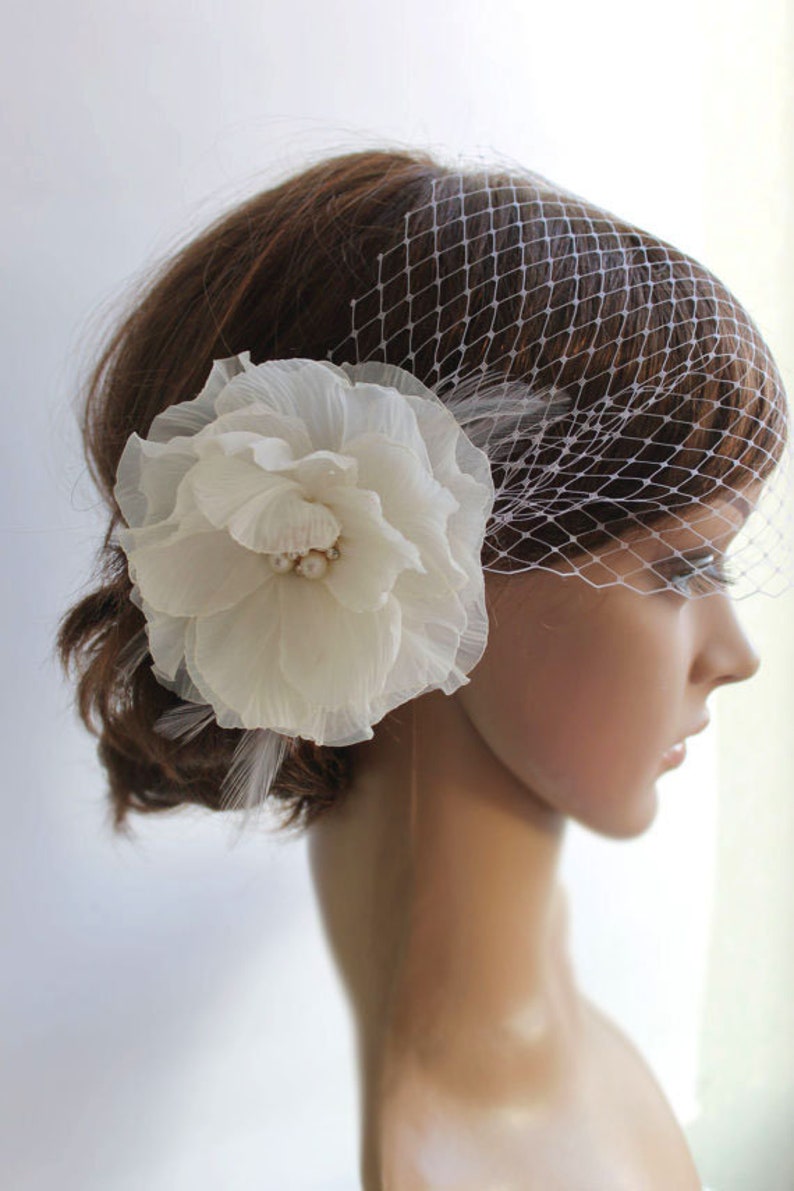 Bridal Fascinator Birdcage Veil With Flower Wedding Birdcage Etsy