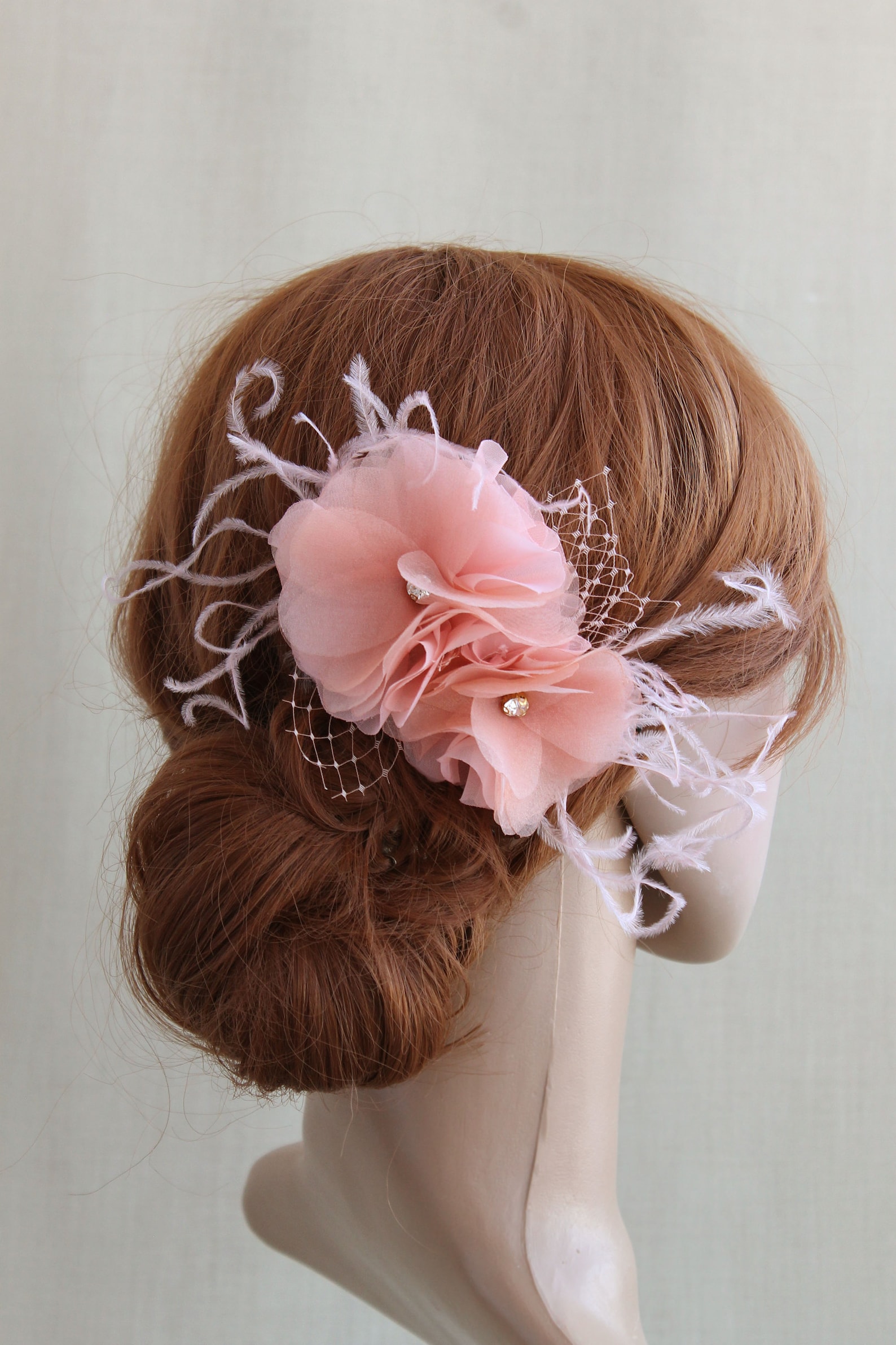 Blush Pink Wedding Fascinator With Feathers Romantic Bridal Etsy