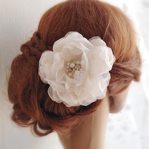 Bridal silk organza flower clip hair Ivory White Champagne, Wedding Pearl Flower hair adornment