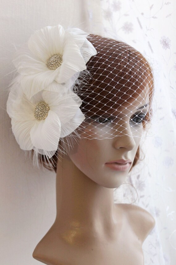 Bridal Birdcage Veil Champagne White Flowers Feather Wedding Netting Bridal Veil