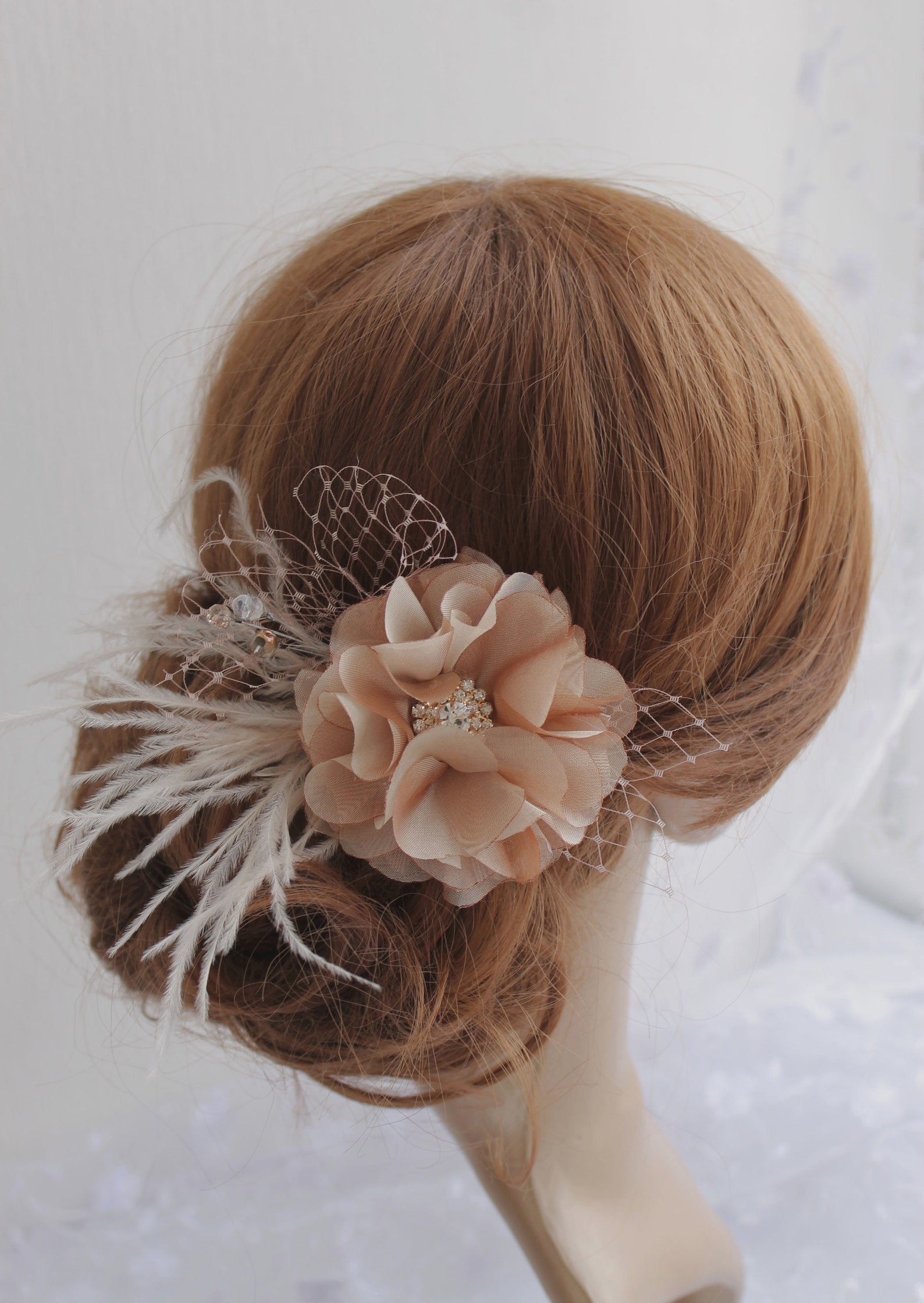 Bridal Flower Sash With Feathers, Tan Wedding Dress Belt With Silk ...