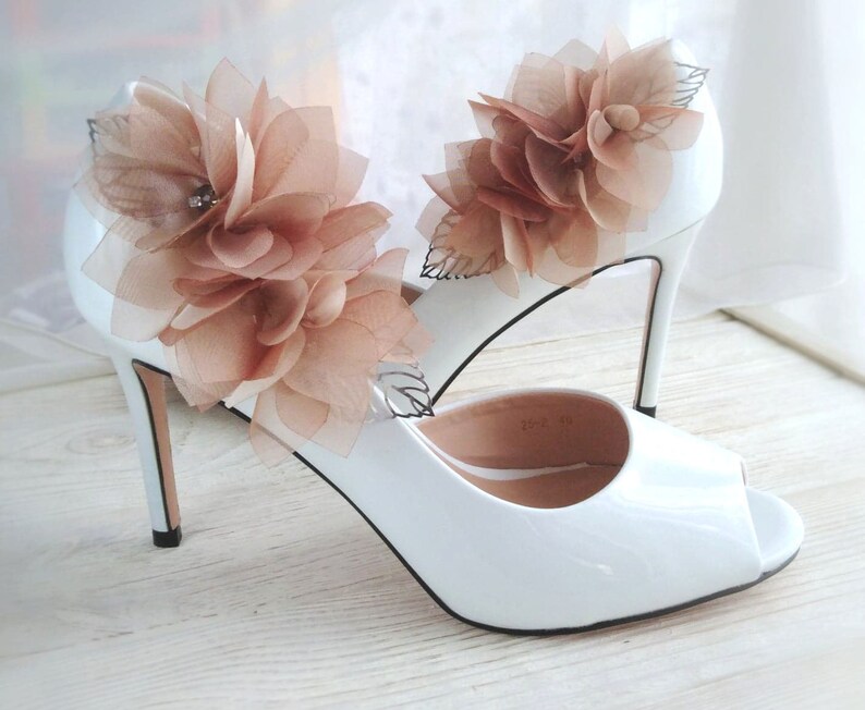 Tan Wedding Shoe Clips Taupe Gray Bridal Silk Organza Shoe Etsy