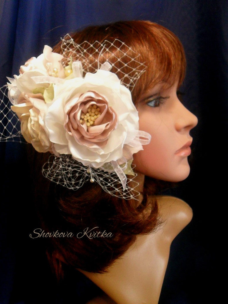 Wedding Floral Fascinator Rustic Wedding Blossom Headpiece Champagne Lurge Floral Hair Piece Bridal Silk Flower Headpiece