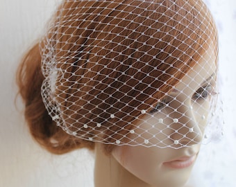 Bridal birdcage veil with pearls, Wedding Bandeau Bird cage veil with crystals, Blusher mini veil, Short face veil