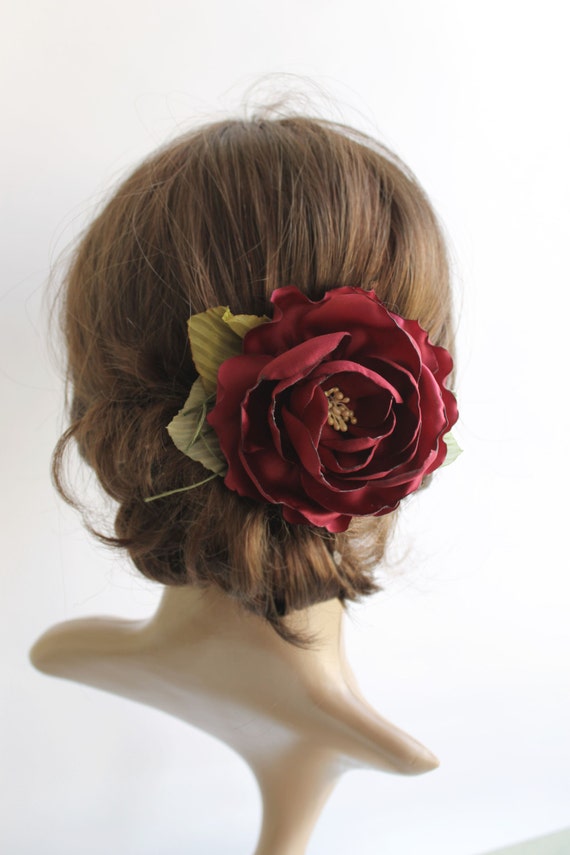 Wine Hair Flower Clip Burgundy Rose Wedding Hair Piece Wine Red