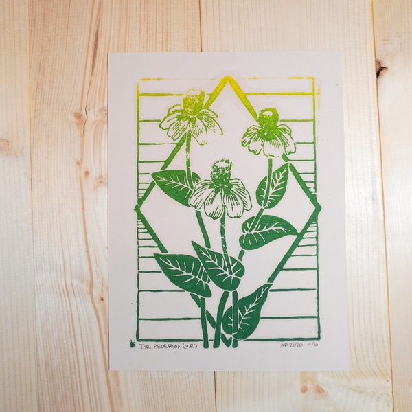 Coneflower Linocut Wildflower Relief Print