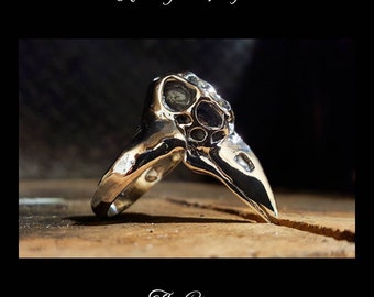 Sterling Silver Raven Skull Ring, Handmade Rocker Ring