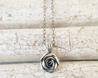 Handmade Sterling Silver Rose Pendant Necklace, Oxidized Detail