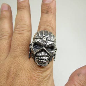 Silver Skull Ring  , Eddie , ironmaiden , book of souls ,  Heavy Metal rock  style gift for him men jewelry christmas gift street statement