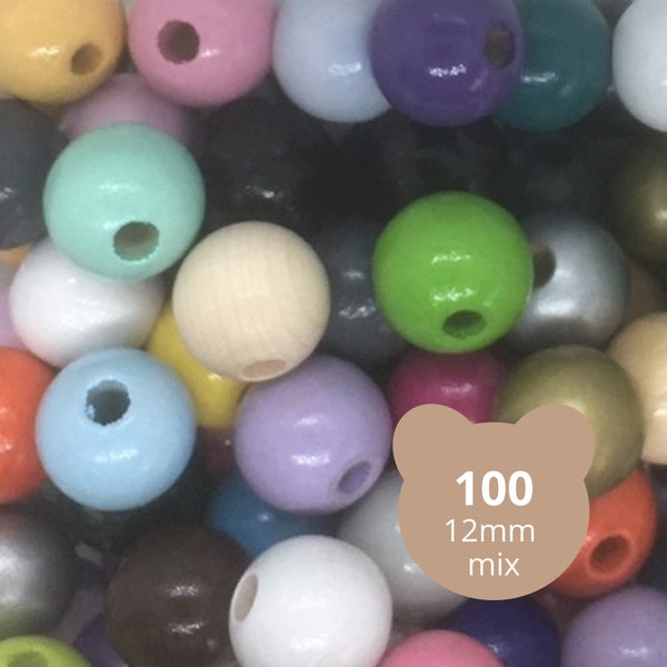 100 houten kralen mix 12mm, basis kralen, gekleurde kralen, kinder kralen, speenkoord maken