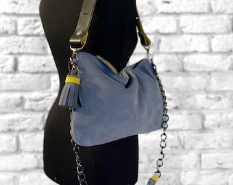 Suede Shoulder Bag, Suede Zippered Clutch, Suede Handbag with Tassel , Grey Blue Suede Purse, 2-in-1 Convertible Clutch, Matal Chain Strap