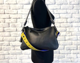 Black Leather Full Grain Zippered Shoulder Bag & Clutch,  2-in-1 Convertible Handbag, One Bag Two Looks, Interchangeable Strap Leather Bag