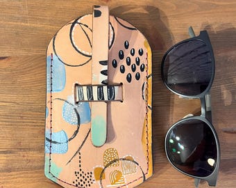 Artisan Hand Painted Leather Eyeglass Case, Personalized Pen Holder, Unique Leather Gift, Leather Pen Case, Handmade Leather Accessory