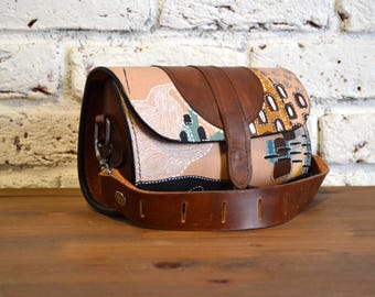 Unique Wearable Art Design Leather Bag, Hand Painted Leather Handbag, Painted Vegetable Tanned Leather Clutch Bag, Crazy Horse Leather Purse
