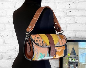 Hand Painted Leather Bag, One of a Kind Leather Purse, Vegetable Tanned Leather Handbag, Handmade Clutch, Wearable Art