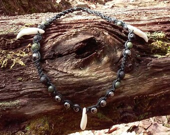 Hematite and Coyote Teeth on Black Hemp Necklace - Real Coyote Teeth - Taxidermy Gifts - Custom Hemp Jewelry - Oddities Gifts - Organic Wear