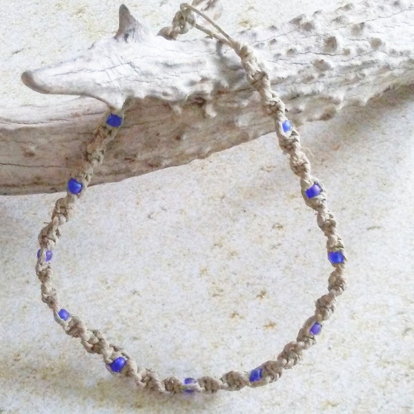 Beach Blue Organic Hemp Anklet - Waterproof Beach Jewelry - Bohemian Anklet - Hippie Style Jewelry - Twisted Hemp Anklet - Glass Bead Anklet