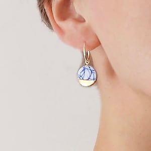 Delft Porcelain Gold hoop earrings with charm in blue and white pottery ceramic jewelry image 2