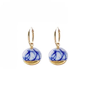Delft Porcelain Gold hoop earrings with charm in blue and white pottery ceramic jewelry image 1