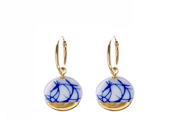 Delft Porcelain Gold hoop earrings with charm in blue and white pottery ceramic jewelry