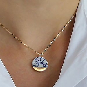 Gold Porcelain necklace, 18th wedding anniversary gift blue and white jewelry set 14k