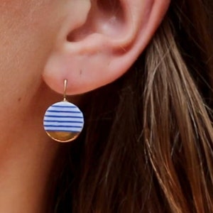 Blue white ceramic earrings, porcelain jewelry, Breton stripes, Nautical style, 18k solid gold, sailor stripes, French fashion, summer beach image 1