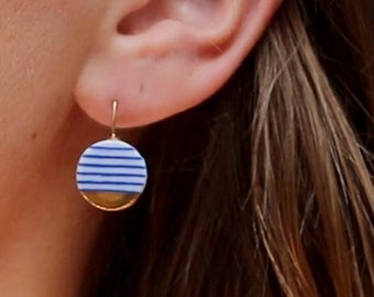 Blue white ceramic earrings, porcelain jewelry, Breton stripes, Nautical style, 18k solid gold, sailor stripes, French fashion, summer beach