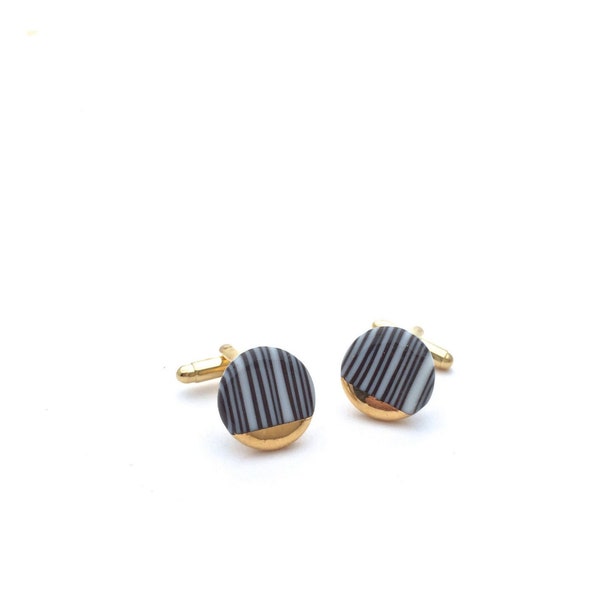 Gold cuff links Porcelain cufflinks gift for men 18 year anniversary black and white