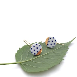 Blue and white Porcelain earring, ceramic jewelry, Polka dot, 18k gold earrings, pottery and ceramic, geometric earrings, Birthday gift image 1