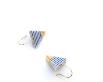 Porcelain ceramic earrings, minimalist jewelry, gold dipped, Blue and white stripes, Triangle earrings, Nautical style, geometric earrings