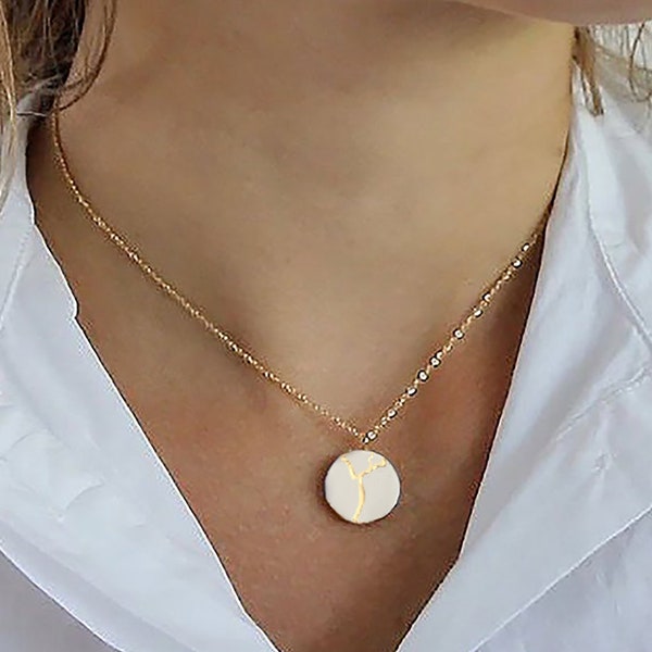 Kintsugi Necklace pendant, kintsugi jewelry, 14k Gold filled chain, encouragement gift for healing, Broken Pottery