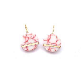 Pink Handmade porcelain dangle earrings with a horizontal gold stripe, 18k solid gold hooks