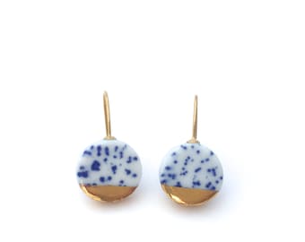 Blue white speckled porcelain earrings