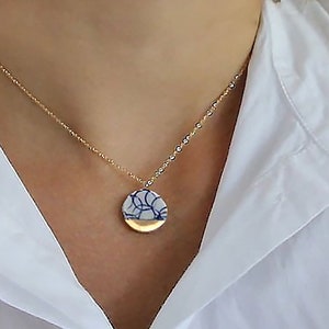 Porcelain Delft Blue necklace, gold ceramic jewelry, 14k gold, 18th anniversary present gift for wife