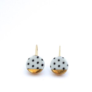 Black and white porcelain earring, pottery and ceramic, 18k solid gold, Gift for girlfriend, Polka dot, round gold dangle earrings image 4