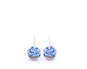 Silver porcelain earrings, blue and white ceramics, Delft Blue, 18 wedding anniversary gift