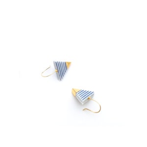 Blue white stripes porcelain gold earrings, Classic French look, porcelain jewelry, Sailor Breton stripes image 1