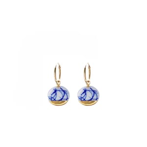 Delft Porcelain Gold hoop earrings with charm in blue and white pottery ceramic jewelry