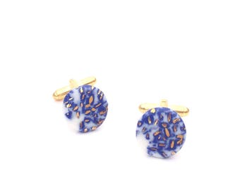 Blue and white Cuff links, Ceramic Cufflinks, Gold Cuff links, gift for father, handmade cuff links, minimalist cufflinks, suit supply
